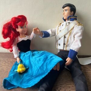 Vintage 1990s Disney Little Mermaid Ariel & Prince Eric Doll Lot w Flounder Tyco
